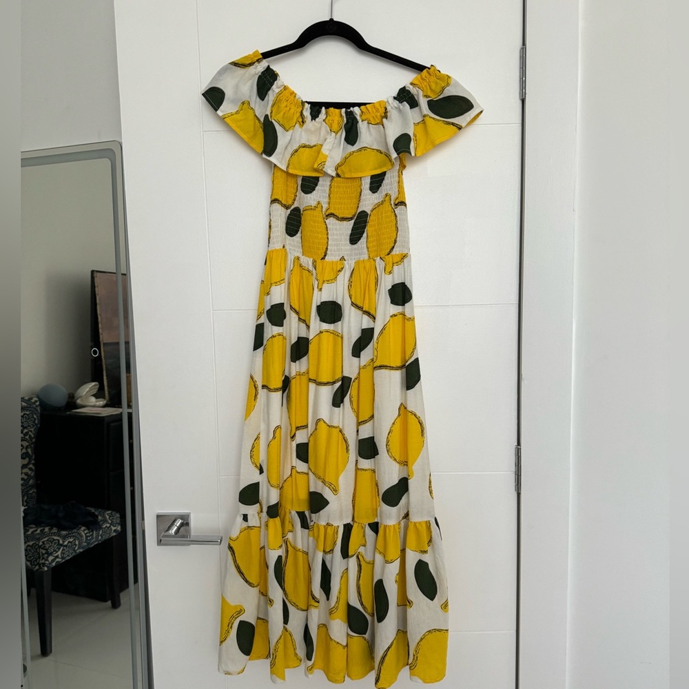 Lemon off the shoulder dress.